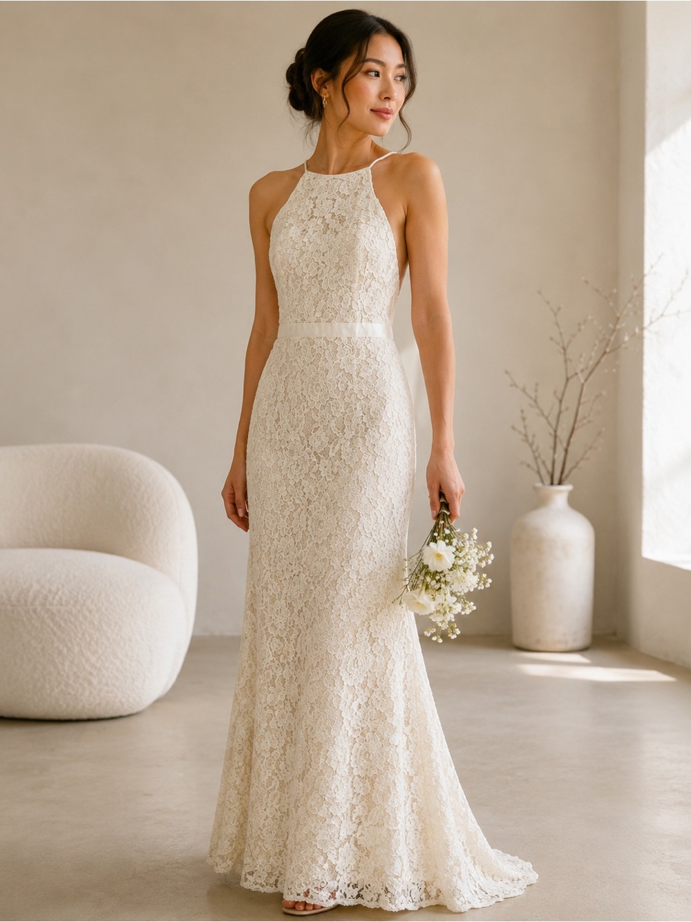 Elegant Cream Lace Halter Wedding Dress